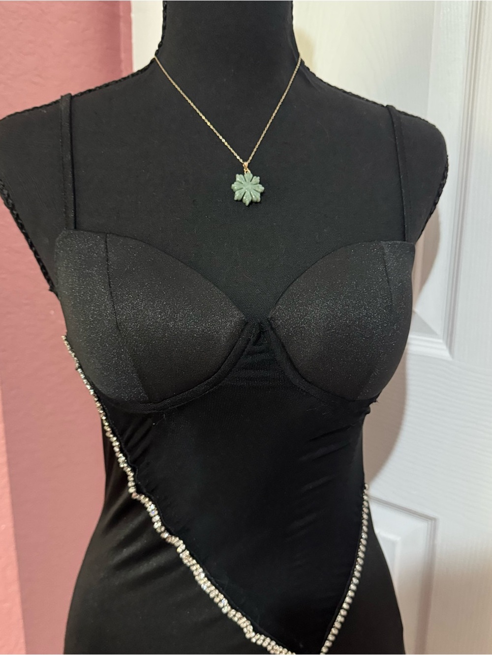 Black Rhinestone Trim Bodycon Dress